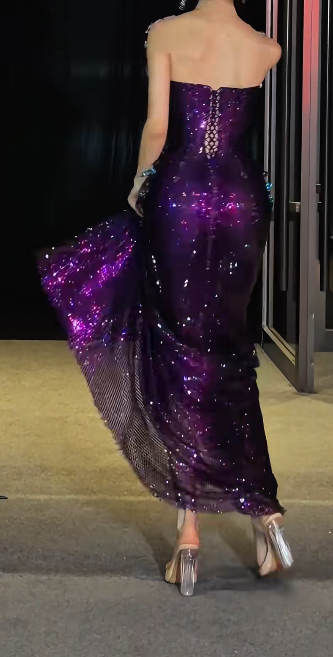 Charming Illusion Neck Prom Dress Dark Purple Crystals Beading Mermaid Evening Dress GG7723