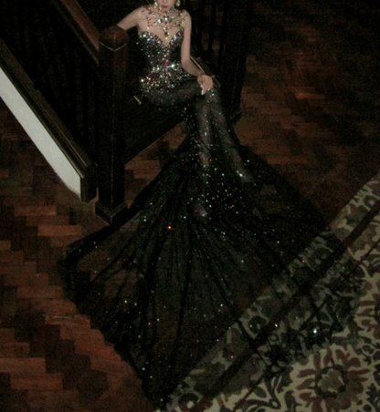 Gorgeous Illusion Neck Prom Dress Black Crystals Beading Mermaid Evening Dress GG7724