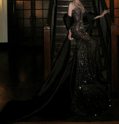 Gorgeous Illusion Neck Prom Dress Black Crystals Beading Mermaid Evening Dress GG7724