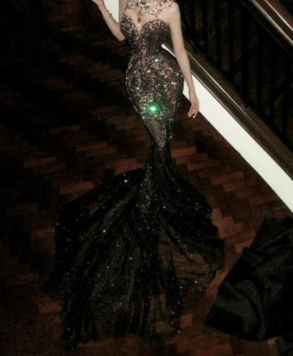 Gorgeous Illusion Neck Prom Dress Black Crystals Beading Mermaid Evening Dress GG7724