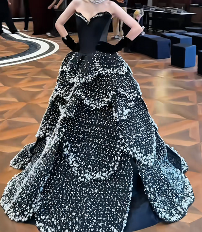 Lovely Strapless Black Prom Dress Beads Tiered A-Line Evening Dress GG7725