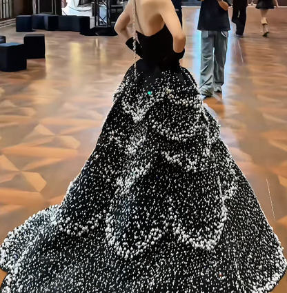 Lovely Strapless Black Prom Dress Beads Tiered A-Line Evening Dress GG7725