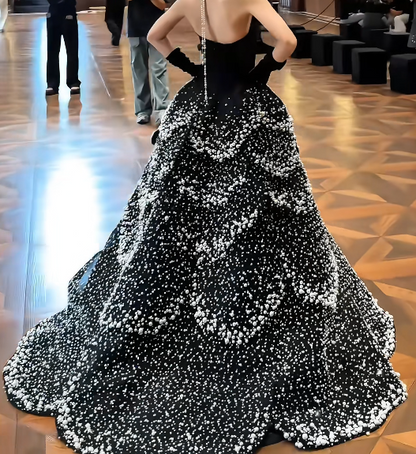 Lovely Strapless Black Prom Dress Beads Tiered A-Line Evening Dress GG7725