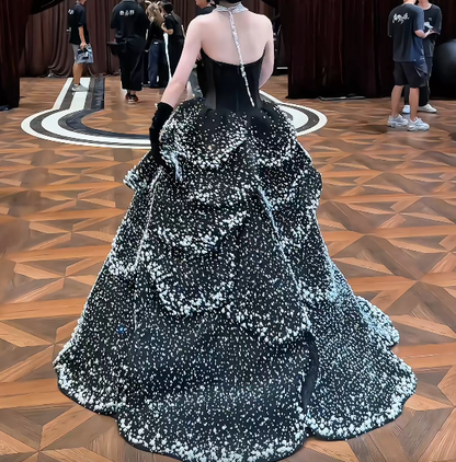 Lovely Strapless Black Prom Dress Beads Tiered A-Line Evening Dress GG7725