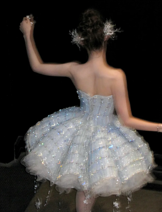 Glam Strapless Tassel Homecoming Dress Blue Beading A-Line Birthday Dress GG7726