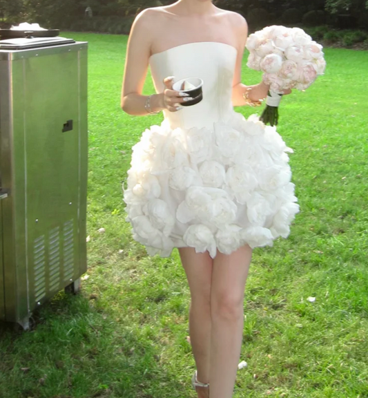 Graceful Strapless Homecoming Dress White Flowers A-Line Birthday Dress GG7727