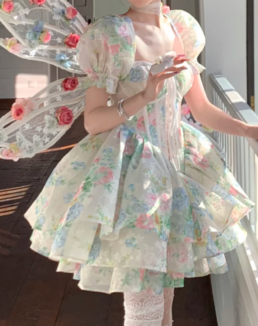 Vibrant Square Neck Homecoming Dress Floral Short Sleeve A-Line Birthday Dress GG7728