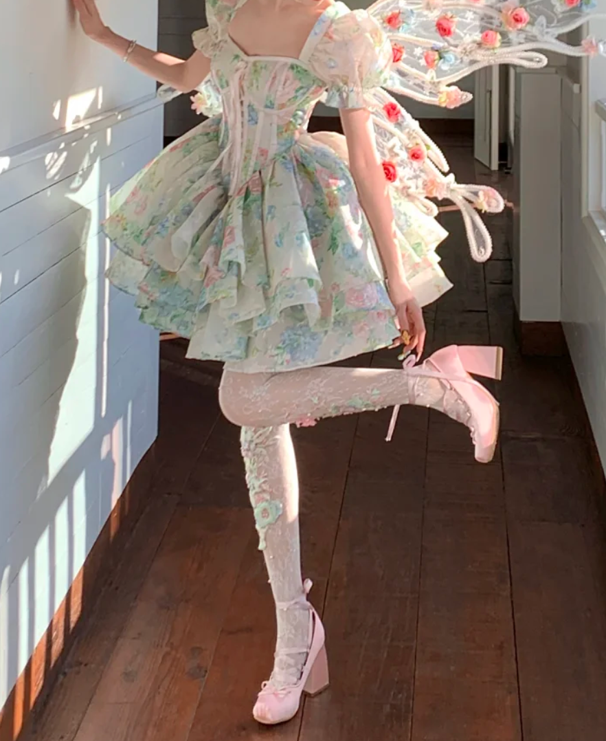 Vibrant Square Neck Homecoming Dress Floral Short Sleeve A-Line Birthday Dress GG7728