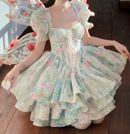 Vibrant Square Neck Homecoming Dress Floral Short Sleeve A-Line Birthday Dress GG7728