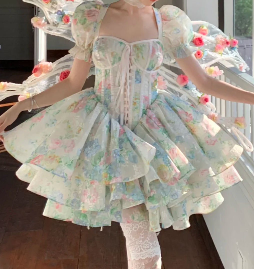 Vibrant Square Neck Homecoming Dress Floral Short Sleeve A-Line Birthday Dress GG7728
