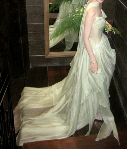 Modest Strapless Green Prom Dress With Scarf Satin A-Line Evening Dress GG7729