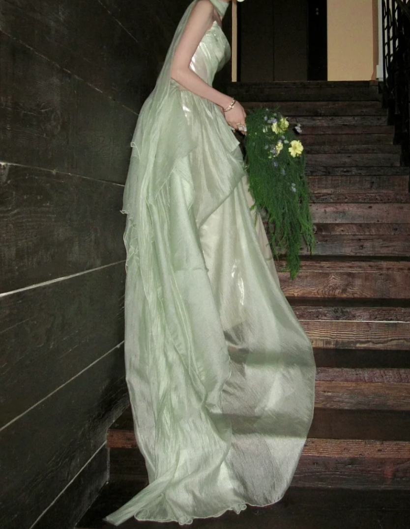 Modest Strapless Green Prom Dress With Scarf Satin A-Line Evening Dress GG7729