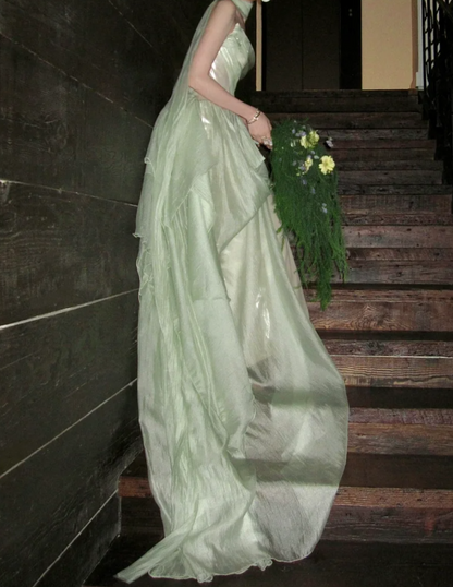 Modest Strapless Green Prom Dress With Scarf Satin A-Line Evening Dress GG7729