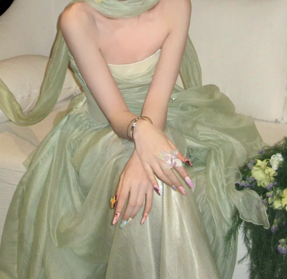 Modest Strapless Green Prom Dress With Scarf Satin A-Line Evening Dress GG7729