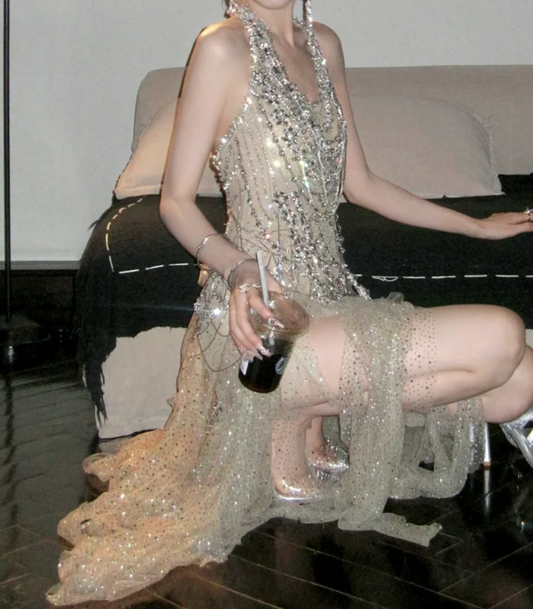 Sparkly Halter Neck Homecoming Dress Beige Beading Slit Sheath Birthday Dress GG7730