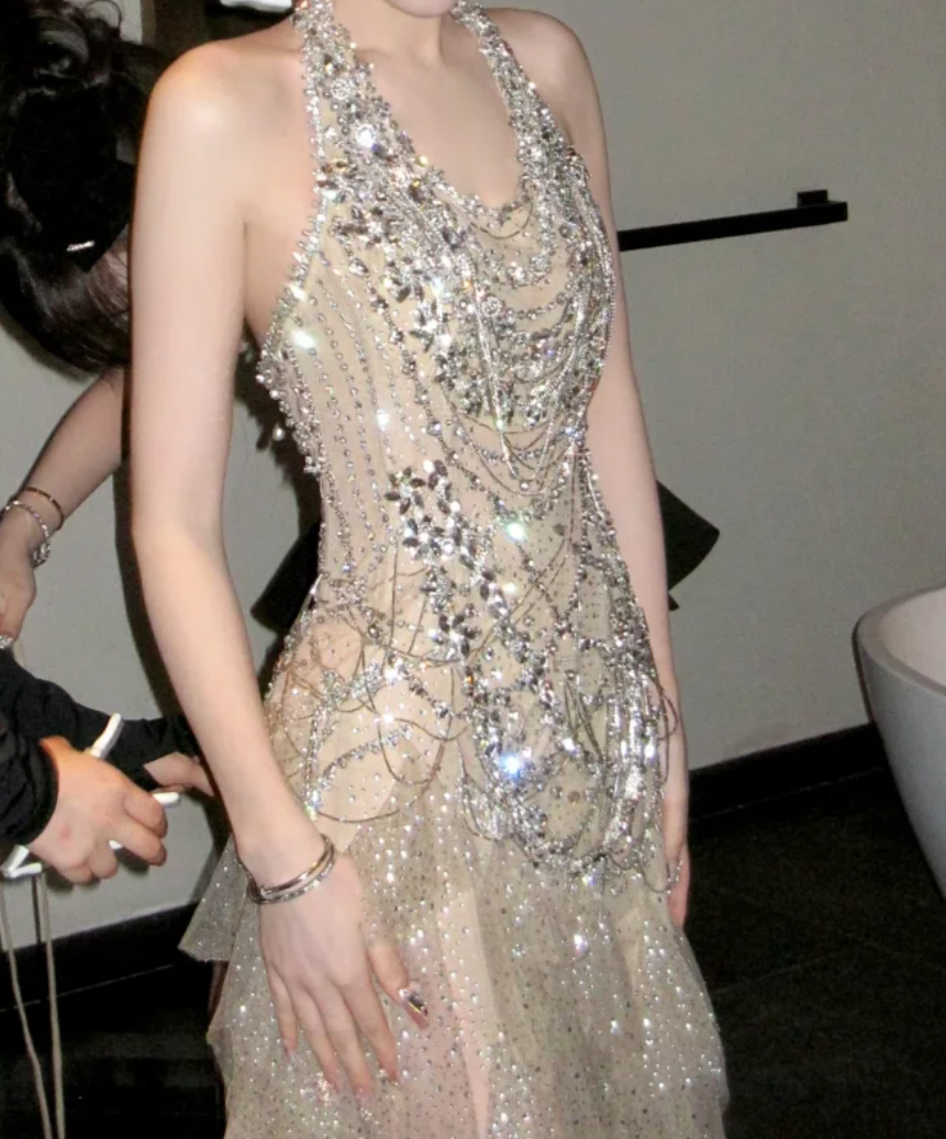 Sparkly Halter Neck Homecoming Dress Beige Beading Slit Sheath Birthday Dress GG7730