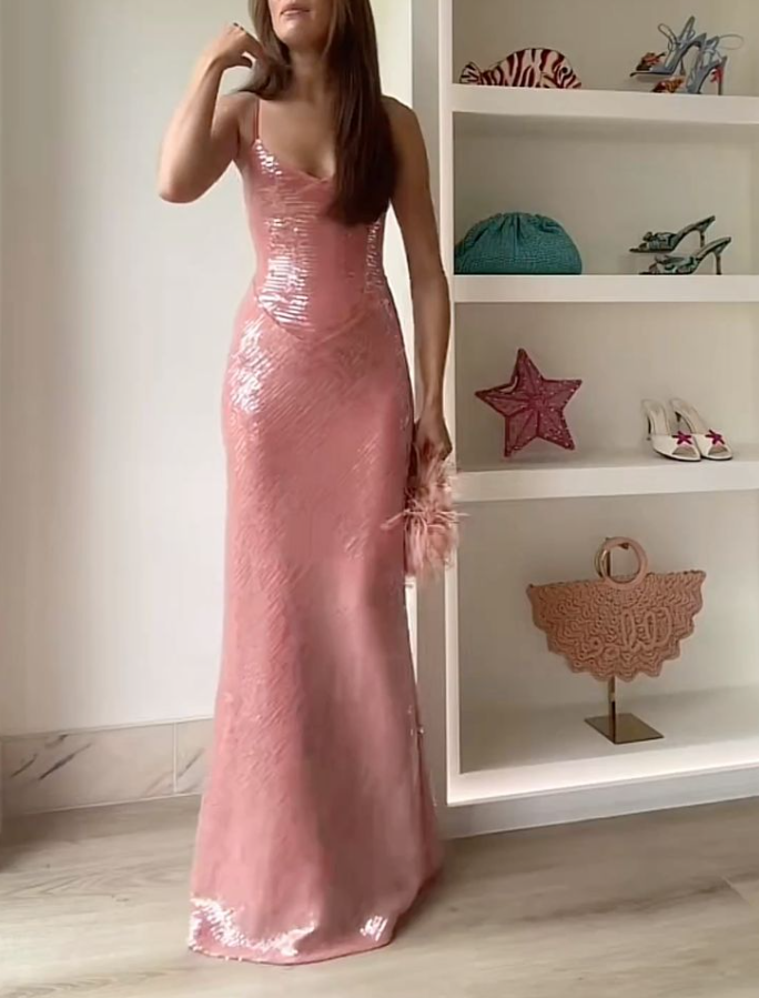 Glittering Spaghetti Straps Prom Dress Pink Sequins Mermaid Evening Dress GG7731