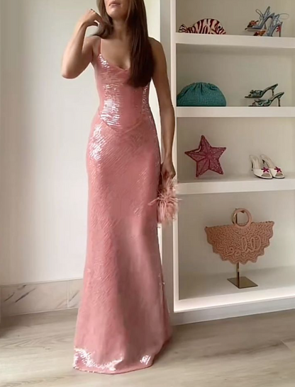Glittering Spaghetti Straps Prom Dress Pink Sequins Mermaid Evening Dress GG7731