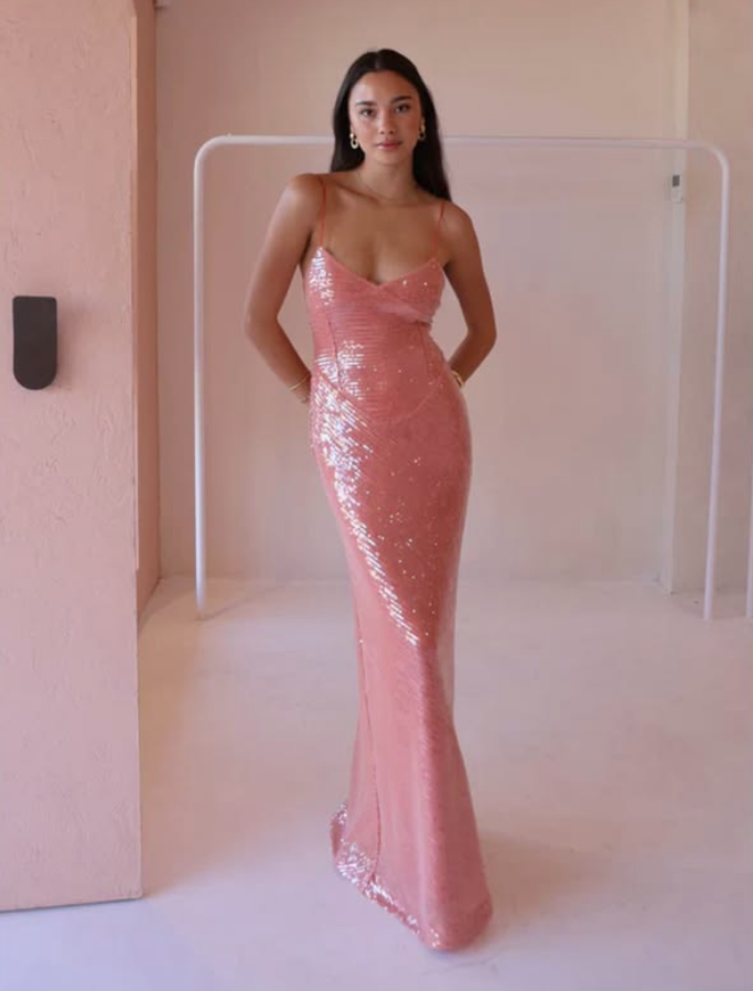 Glittering Spaghetti Straps Prom Dress Pink Sequins Mermaid Evening Dress GG7731