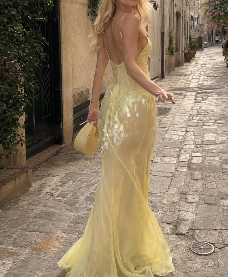 Sparkly Spaghetti Straps Prom Dress Sequins Mermaid Evening Dress GG7732