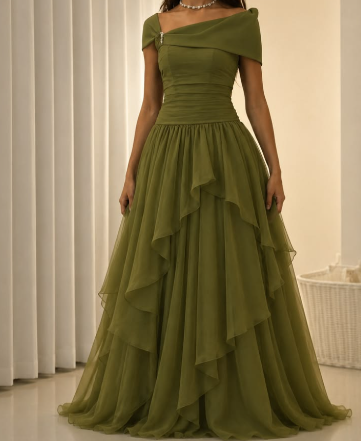 Trendy Off The Shoulder Prom Dress Green Ruffles A-Line Evening Dress GG7734