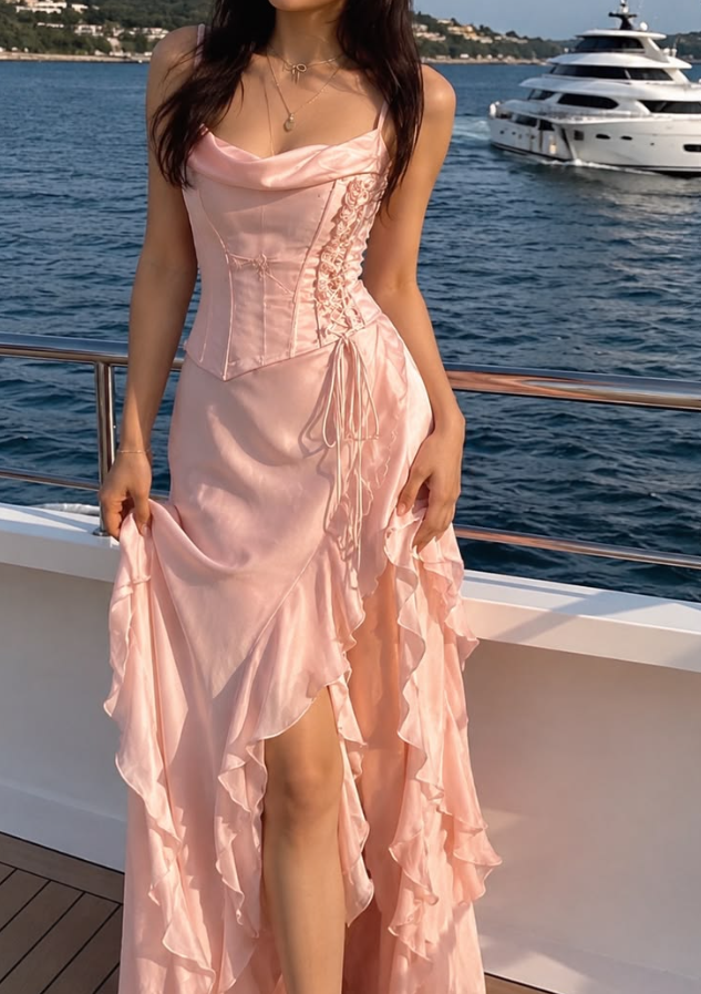 Adorable Spaghetti Straps Prom Dress Pink Ruffles Slit Mermaid Evening Dress GG7735
