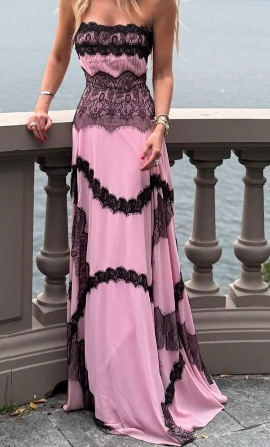 Chic Strapless Pink Prom Dress Lace A-Line Evening Dress GG7736