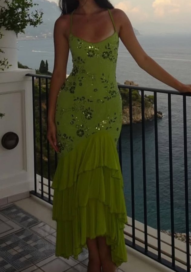 Playful Halter Neck Sequins Prom Dress Green Ruffles Mermaid Evening Dress GG7737