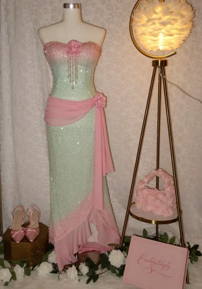 Trendy Strapless Sequins Prom Dress Pink & Mint Green Flowers Mermaid Evening Dress GG7738