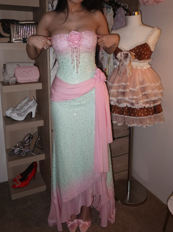 Trendy Strapless Sequins Prom Dress Pink & Mint Green Flowers Mermaid Evening Dress GG7738