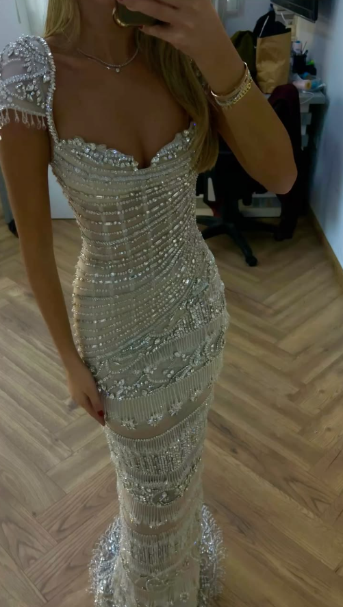 Exquisite Square Neck Prom Dress Silver Beading Mermaid Evening Dress GG7739