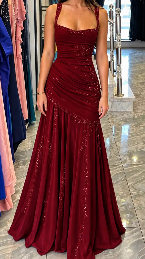 Sexy Spaghetti Straps Prom Dress Red Sequins Mermaid Evening Dress GG7742