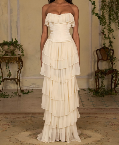 Classical Strapless Ruffles Prom Dress Ivory Tiered A-Line Evening Dress GG7743