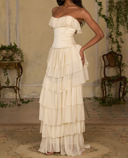 Classical Strapless Ruffles Prom Dress Ivory Tiered A-Line Evening Dress GG7743
