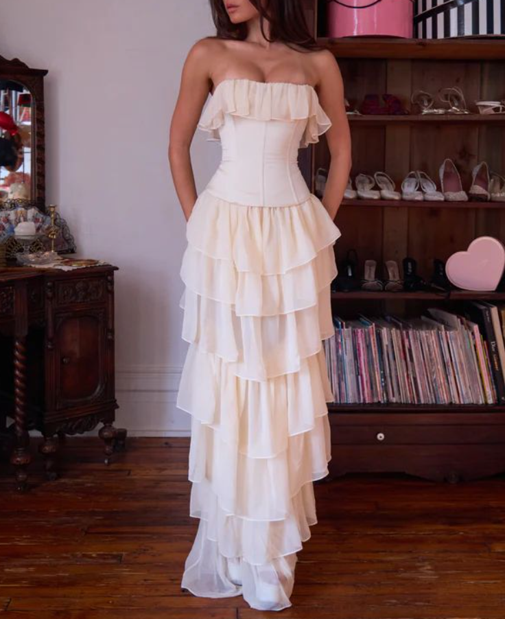 Classical Strapless Ruffles Prom Dress Ivory Tiered A-Line Evening Dress GG7743