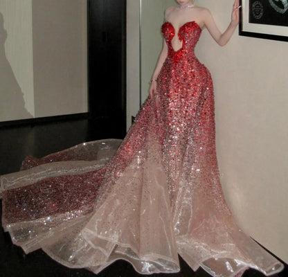 Charming Strapless Red Prom Dress Beading Sequins Mermaid Evening Dress GG7745