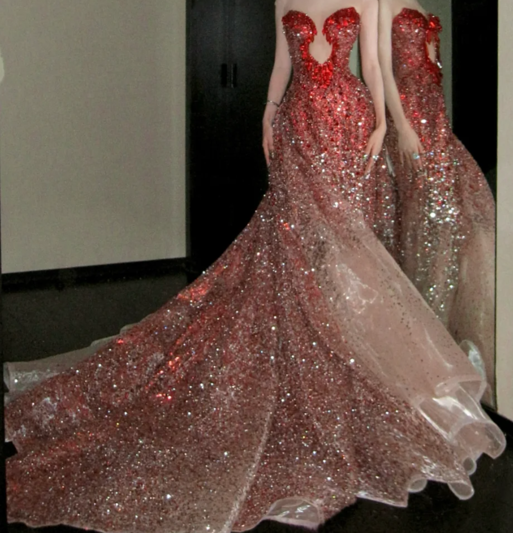 Charming Strapless Red Prom Dress Beading Sequins Mermaid Evening Dress GG7745