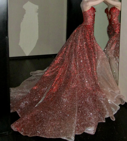 Charming Strapless Red Prom Dress Beading Sequins Mermaid Evening Dress GG7745