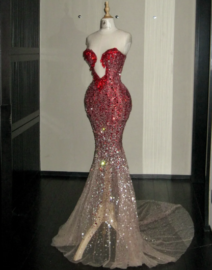 Charming Strapless Red Prom Dress Beading Sequins Mermaid Evening Dress GG7745
