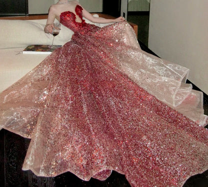 Charming Strapless Red Prom Dress Beading Sequins Mermaid Evening Dress GG7745