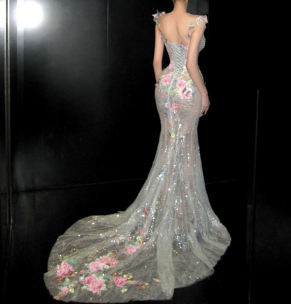 Glam Illusion Neck Prom Dress Appliques Beading Mermaid Evening Dress GG7746