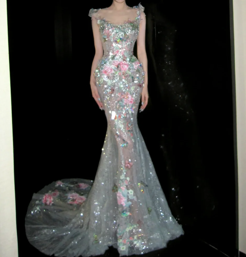 Glam Illusion Neck Prom Dress Appliques Beading Mermaid Evening Dress GG7746