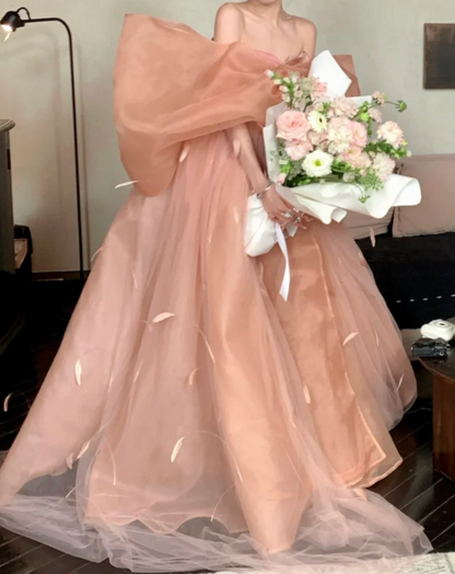 Ethereal Off The Shoulder Prom Dress Apricot Tulle Feather A-Line Evening Dress GG7748