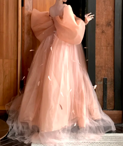 Ethereal Off The Shoulder Prom Dress Apricot Tulle Feather A-Line Evening Dress GG7748