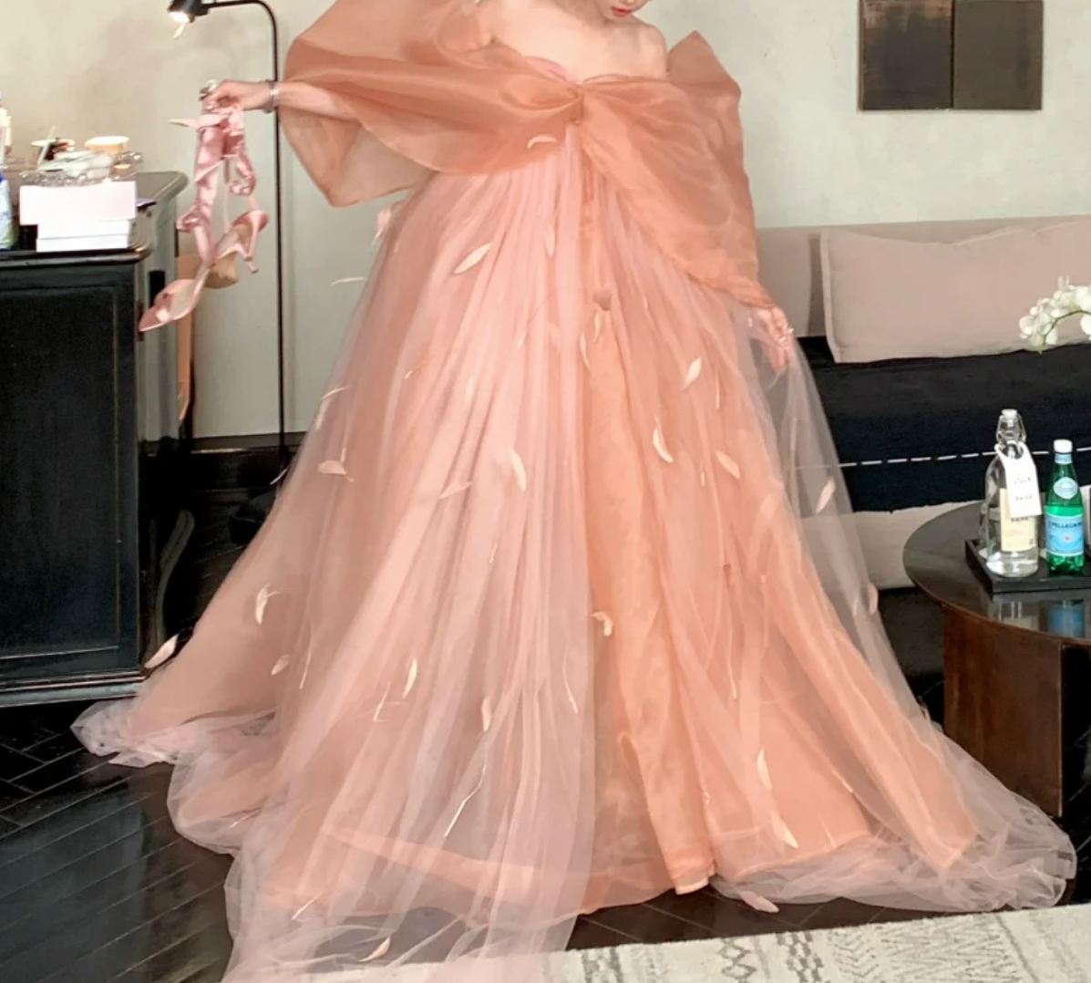 Ethereal Off The Shoulder Prom Dress Apricot Tulle Feather A-Line Evening Dress GG7748