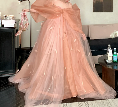 Ethereal Off The Shoulder Prom Dress Apricot Tulle Feather A-Line Evening Dress GG7748
