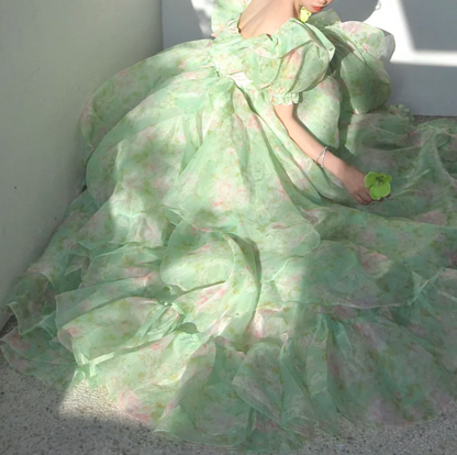 Vibrant Square Neck Prom Dress Green Floral Ruffled A-Line Evening Dress GG7749