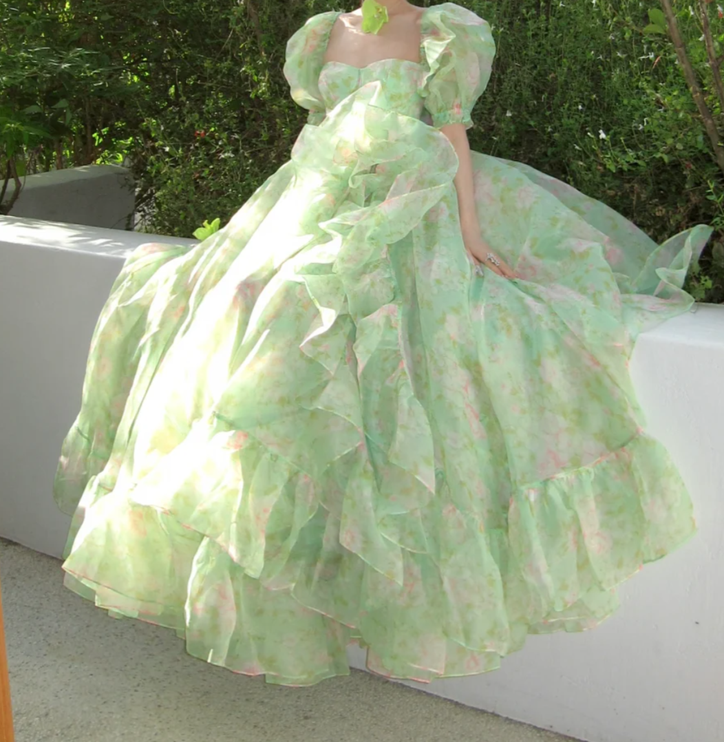 Vibrant Square Neck Prom Dress Green Floral Ruffled A-Line Evening Dress GG7749