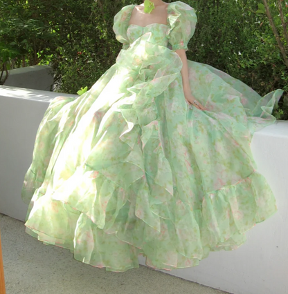 Vibrant Square Neck Prom Dress Green Floral Ruffled A-Line Evening Dress GG7749