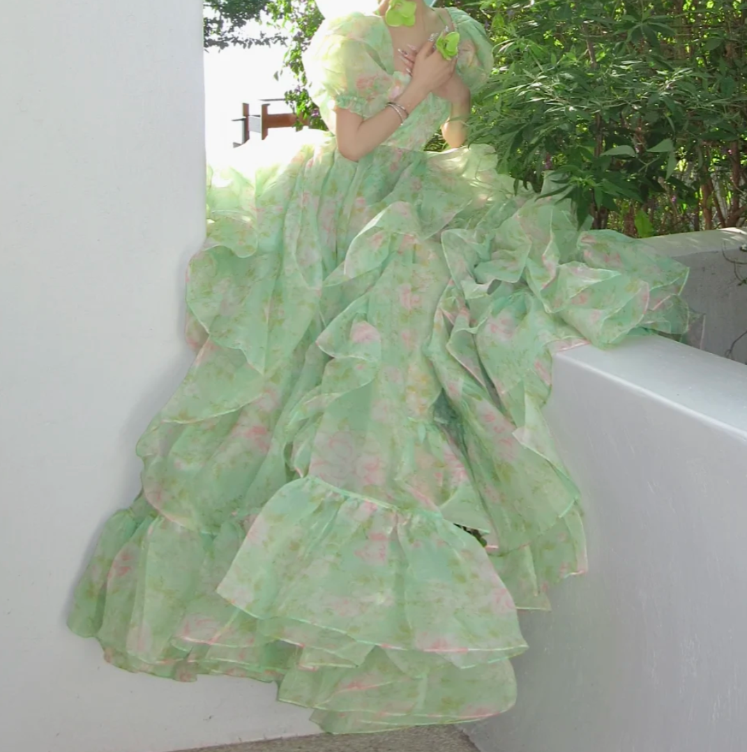 Vibrant Square Neck Prom Dress Green Floral Ruffled A-Line Evening Dress GG7749